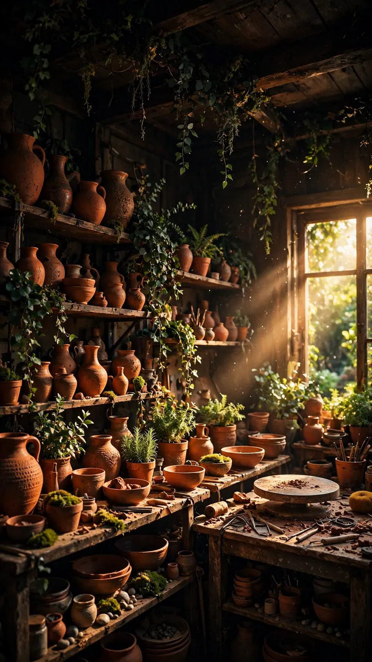 Sunlit Pottery Studio Terracotta Shelves aesthetic wallpaper