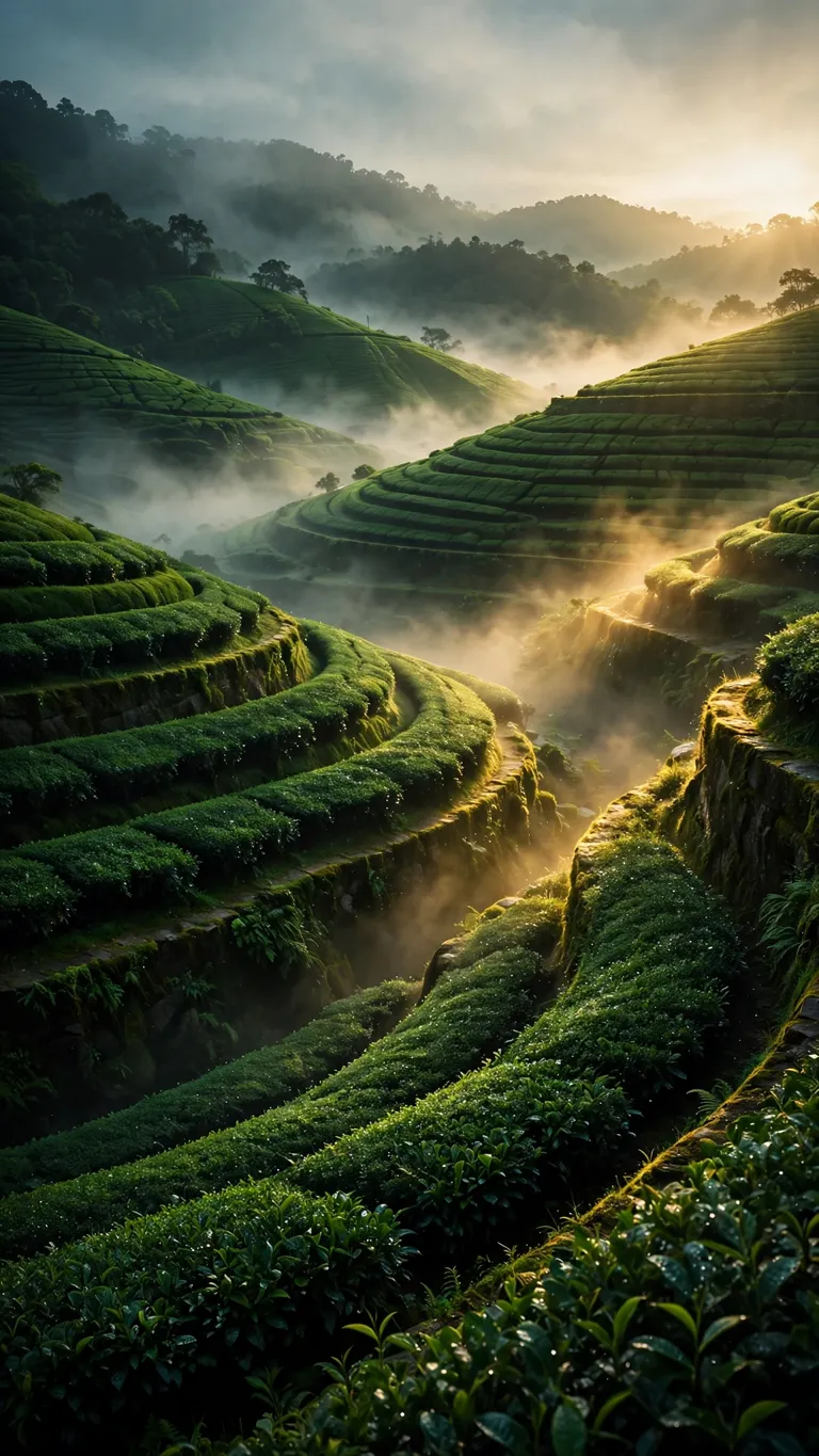 Tea Plantation Terraces in Morning Mist aesthetic wallpaper