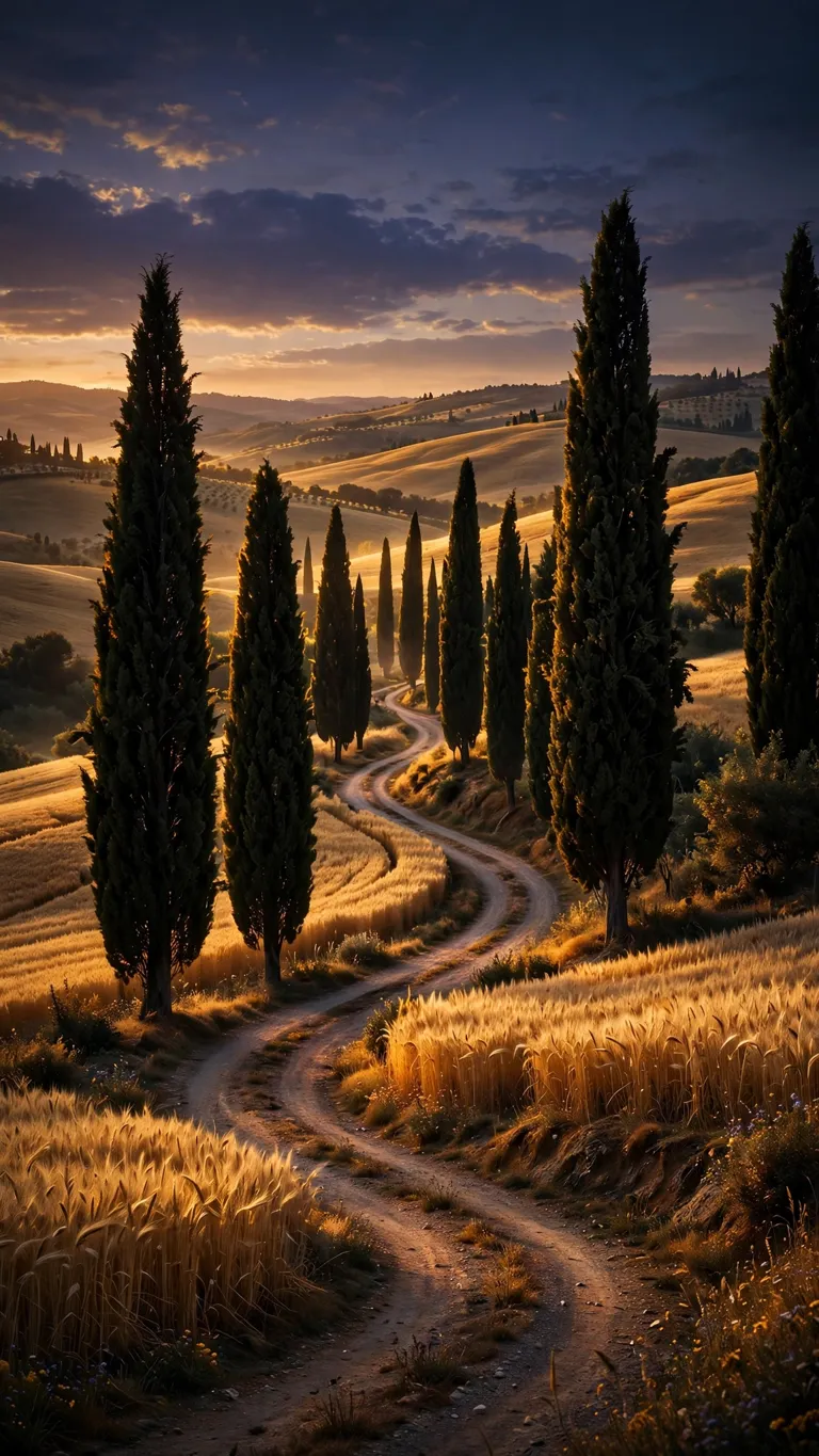 Tuscan Cypress Road at Golden Dusk aesthetic wallpaper