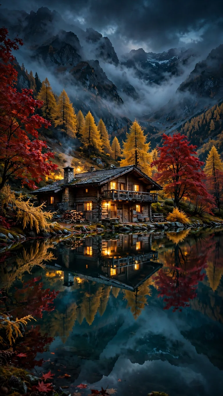 Autumn Alpine Lodge by the Lake