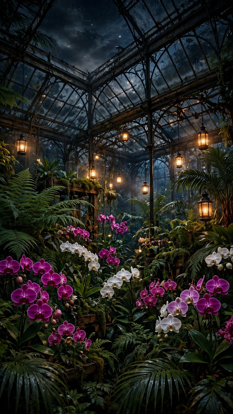 Botanical Glasshouse at Night with Orchids