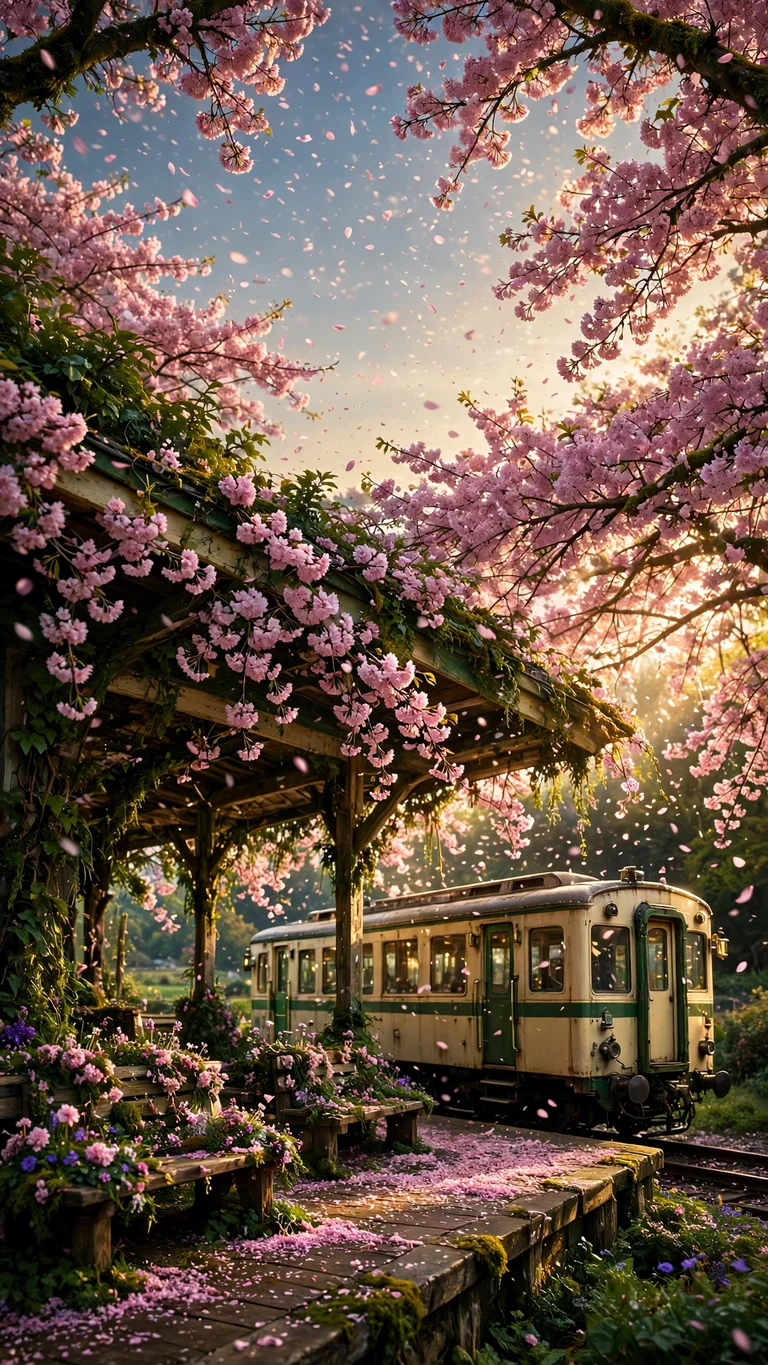 Cherry Blossom Train Platform in Spring