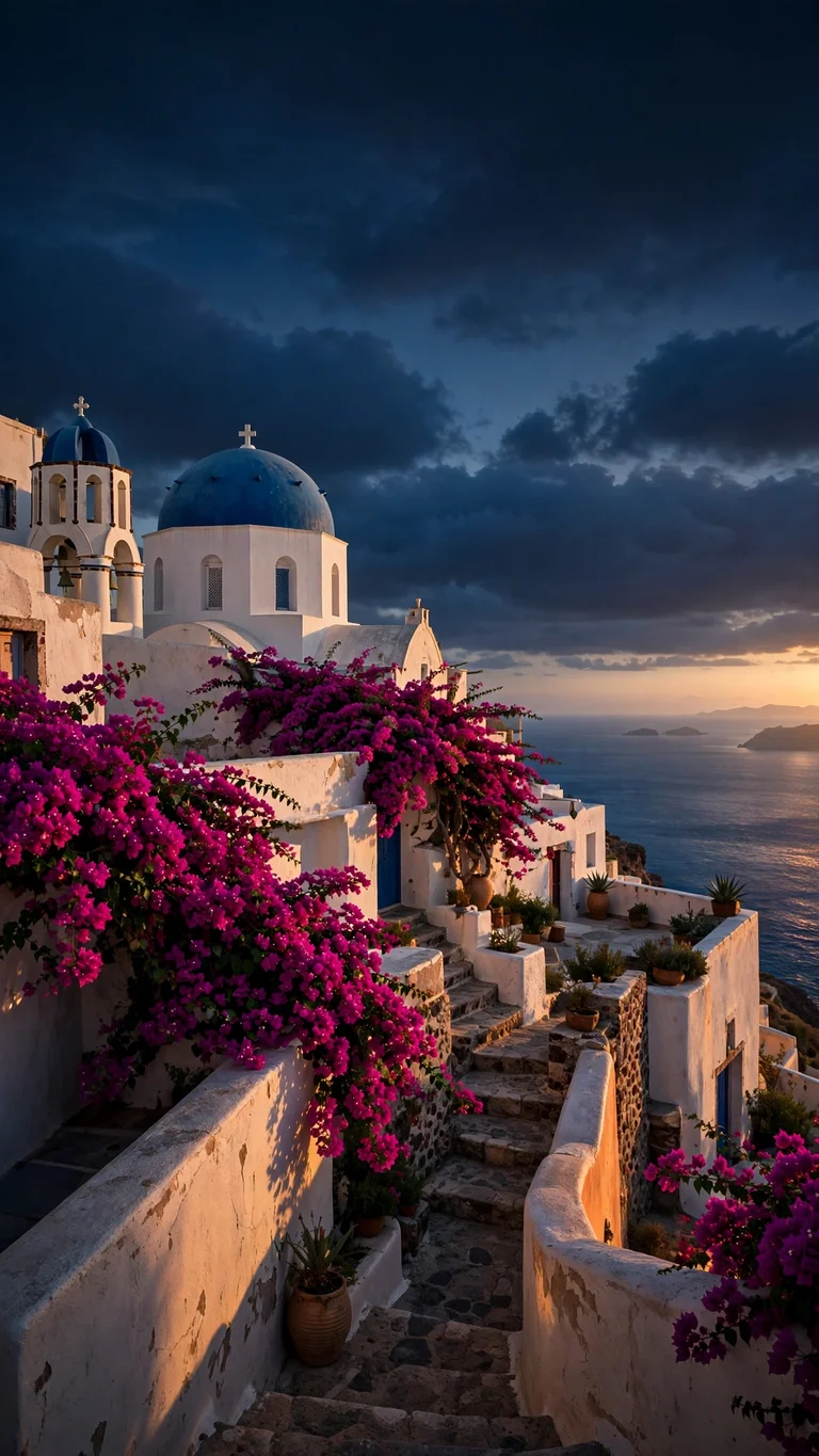 Santorini Blue Dome Terrace at Sunset