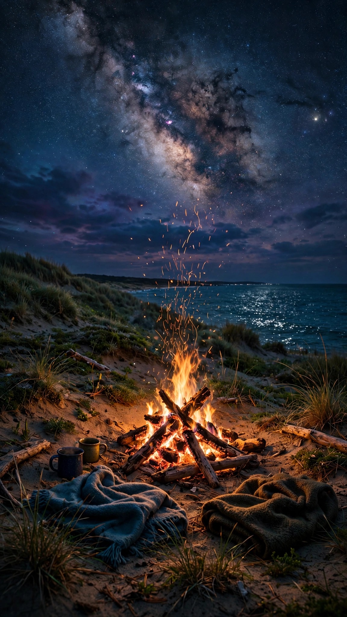 Seaside Bonfire under Starry Dunes