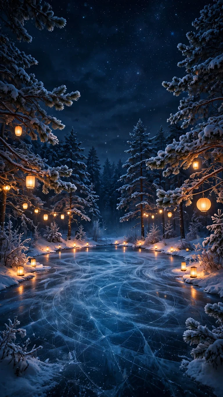 Winter Ice Skating Pond with Lanterns