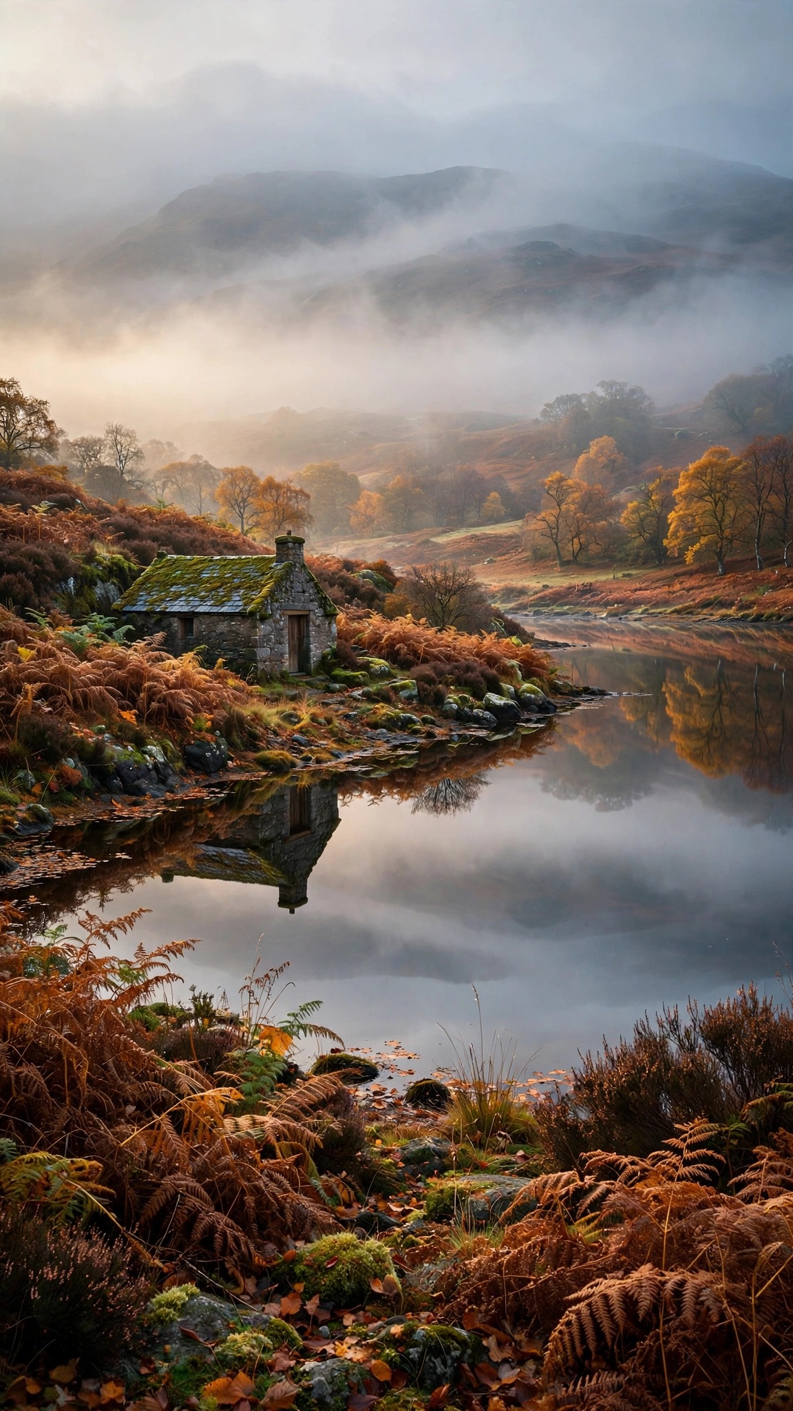Highland Bothy by a Loch in Autumn - free phone wallpaper