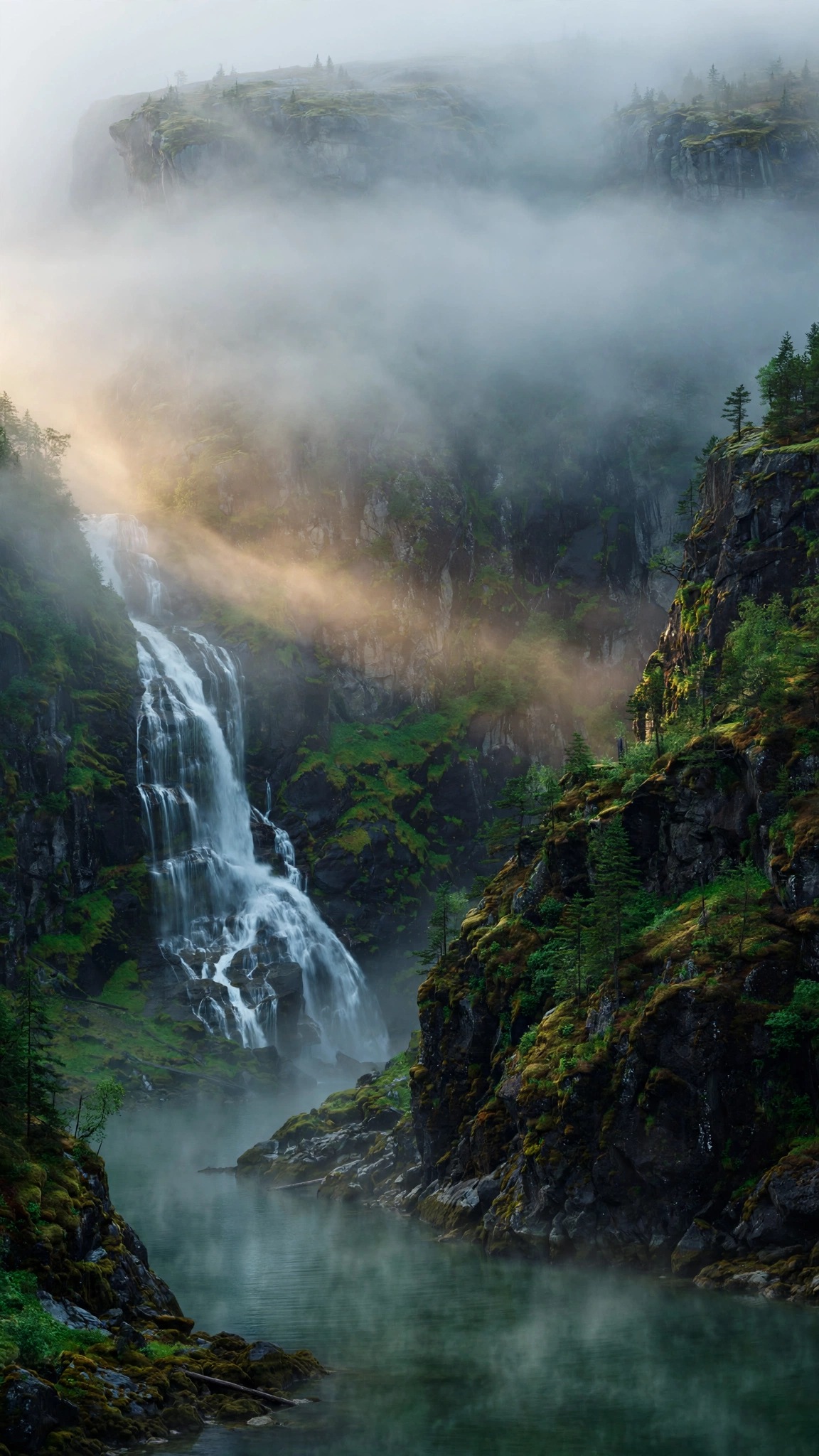 Norwegian Fjord Waterfall in Mist - free phone wallpaper