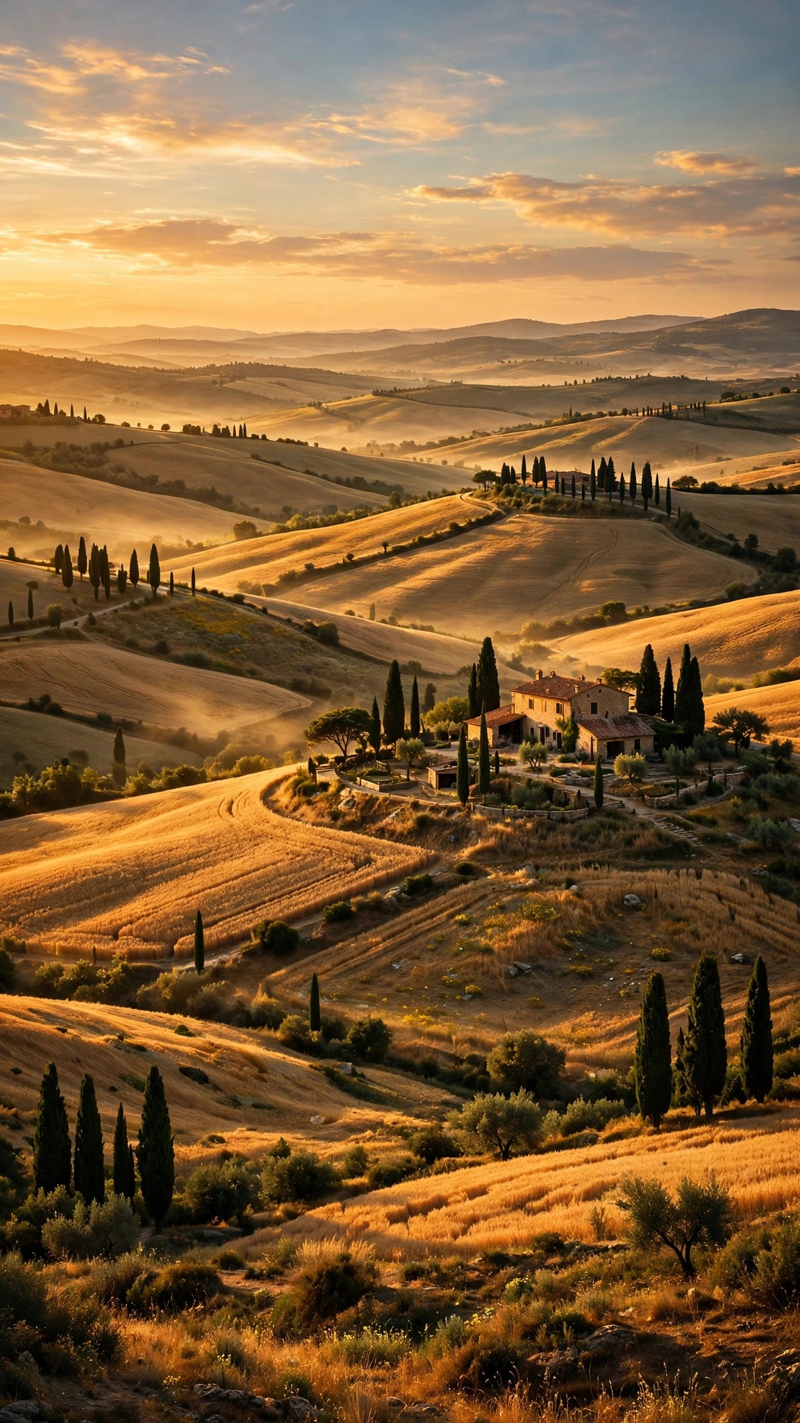 Tuscan Cypress Hill at Sunset - free phone wallpaper