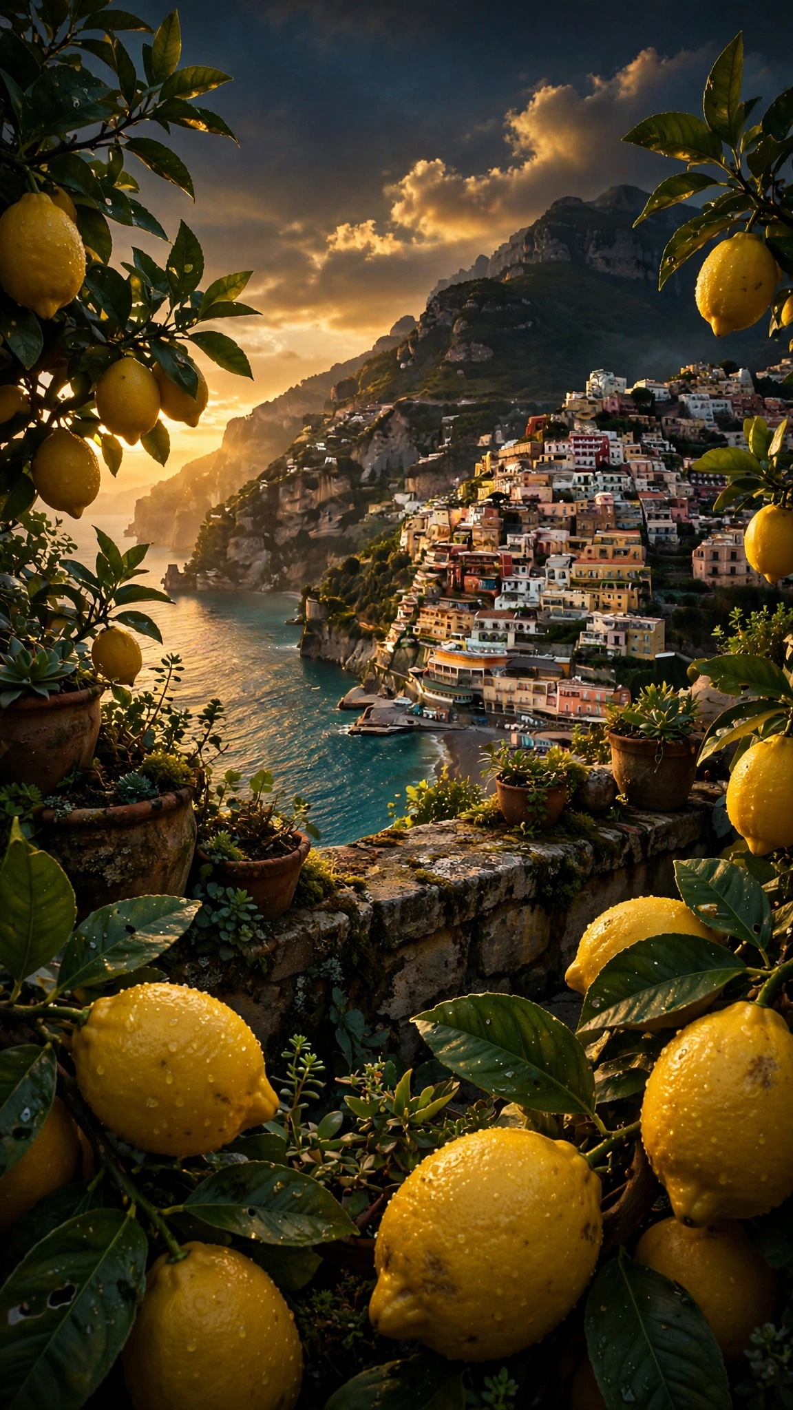 Amalfi Coast lemon grove terrace at sunset with pastel cliff villages and turquoise sea