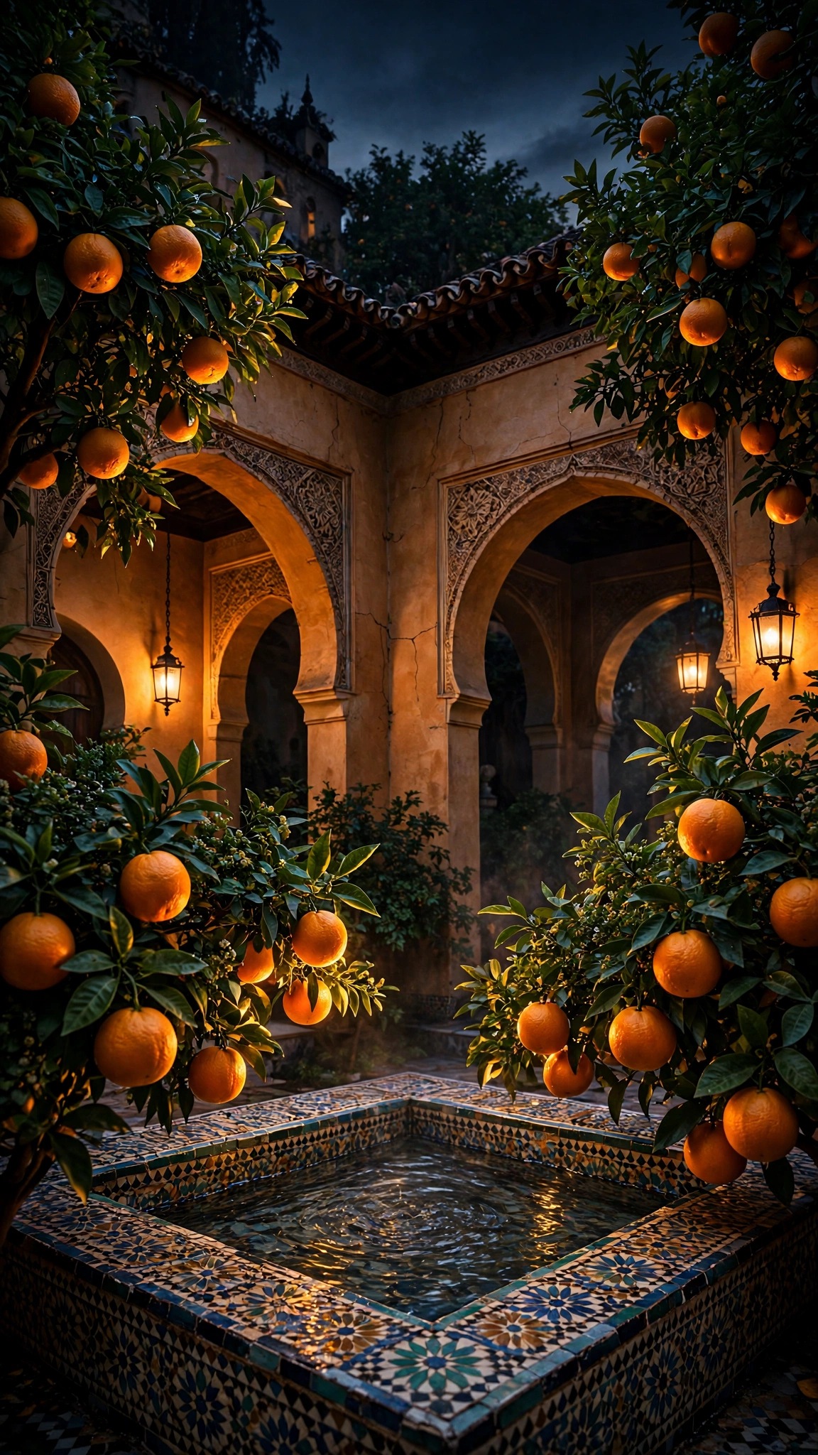 Andalusian courtyard with orange trees, carved arches and a patterned tile fountain at dusk