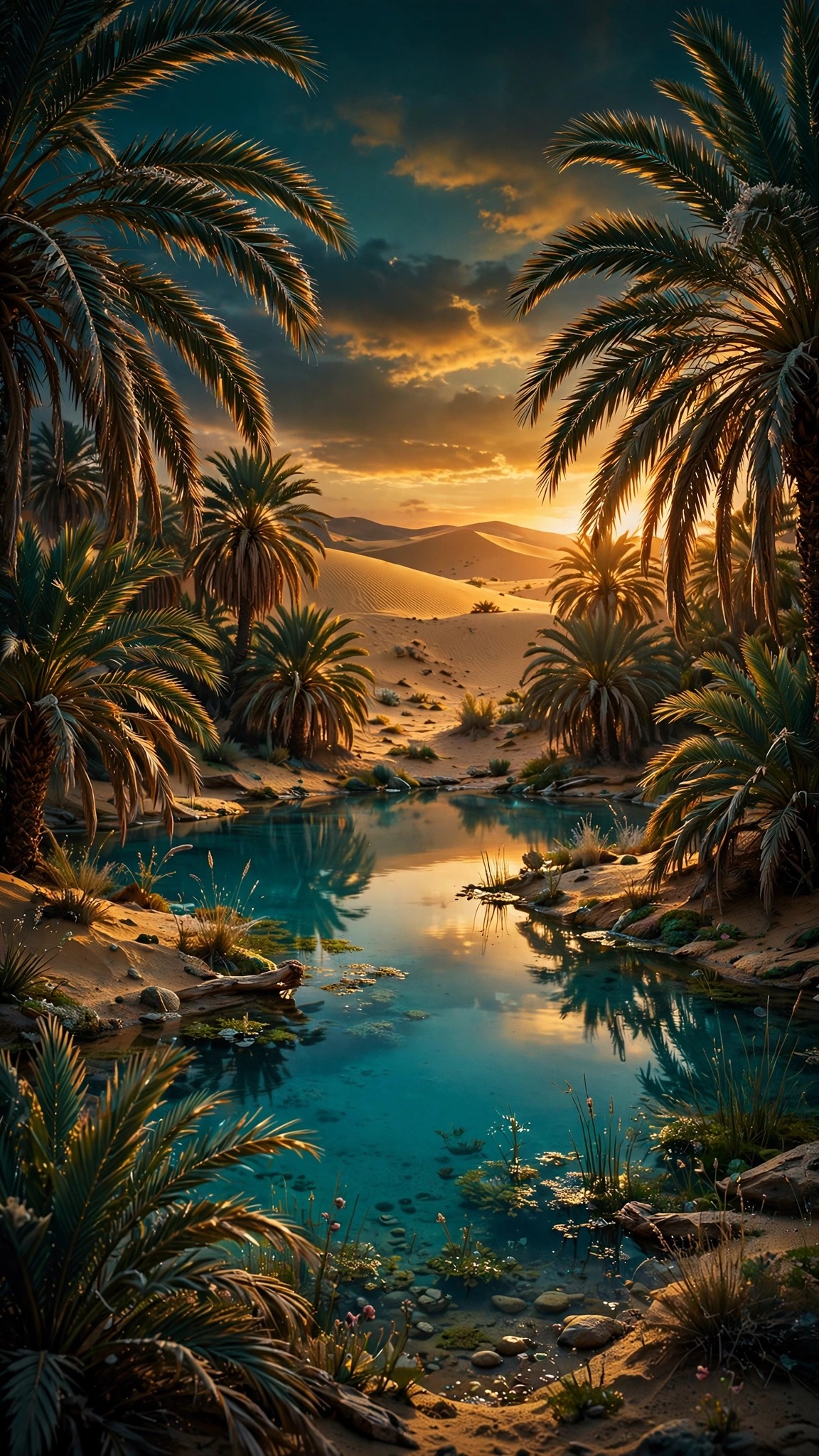 Desert oasis with palm trees around a turquoise lagoon at sunset with dunes beyond
