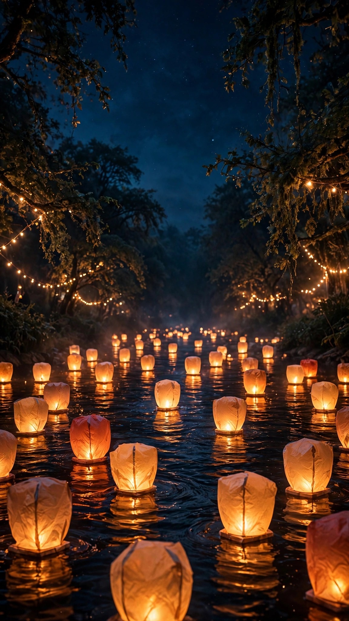 Floating paper lanterns on a dark river at night beneath warm string lights