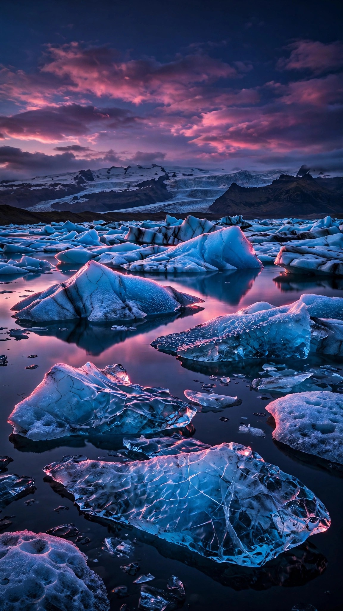 Glacier lagoon with blue icebergs reflected under a pink and violet dusk sky
