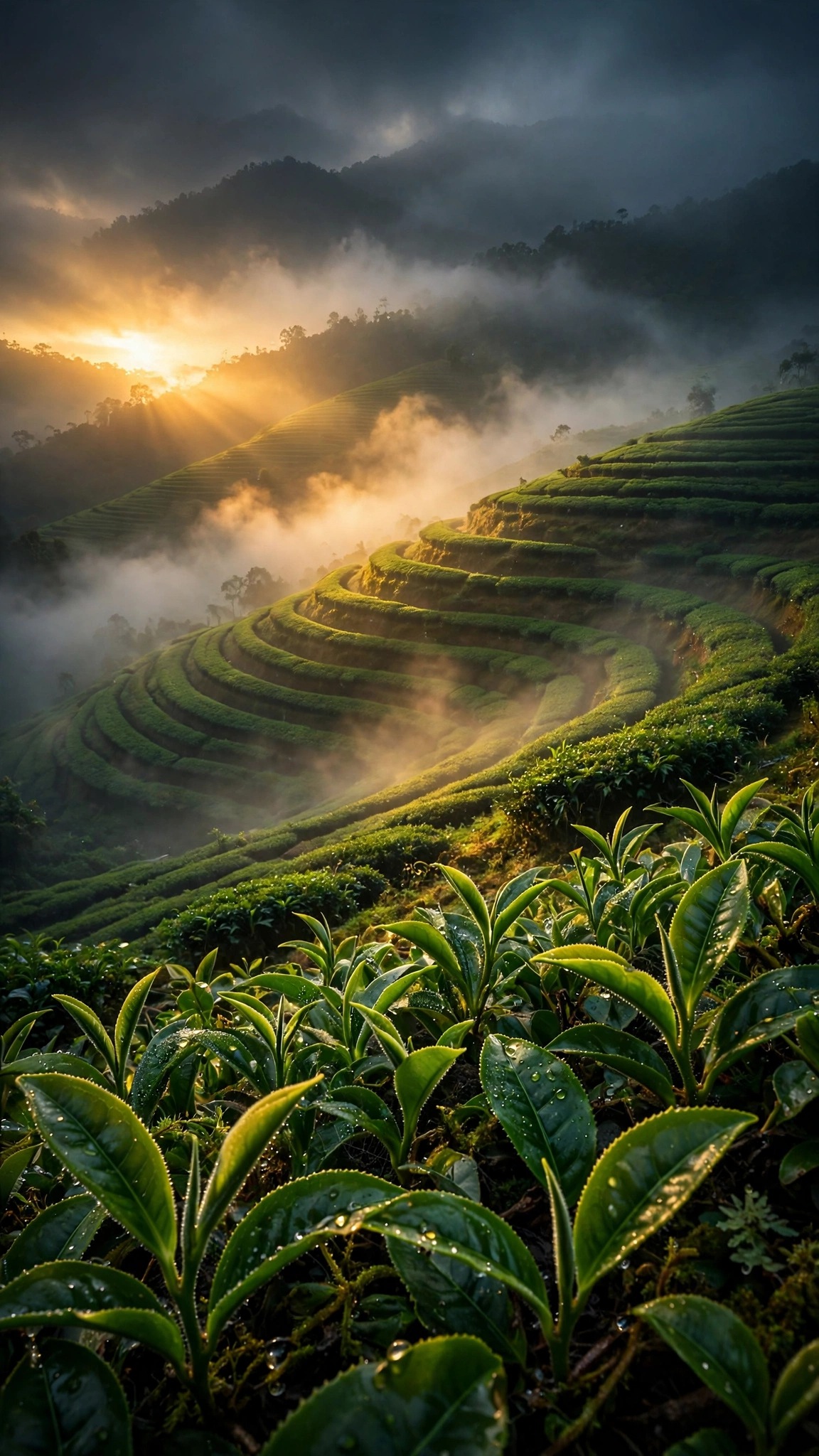 Misty emerald tea terraces at dawn with golden sunlight breaking through fog