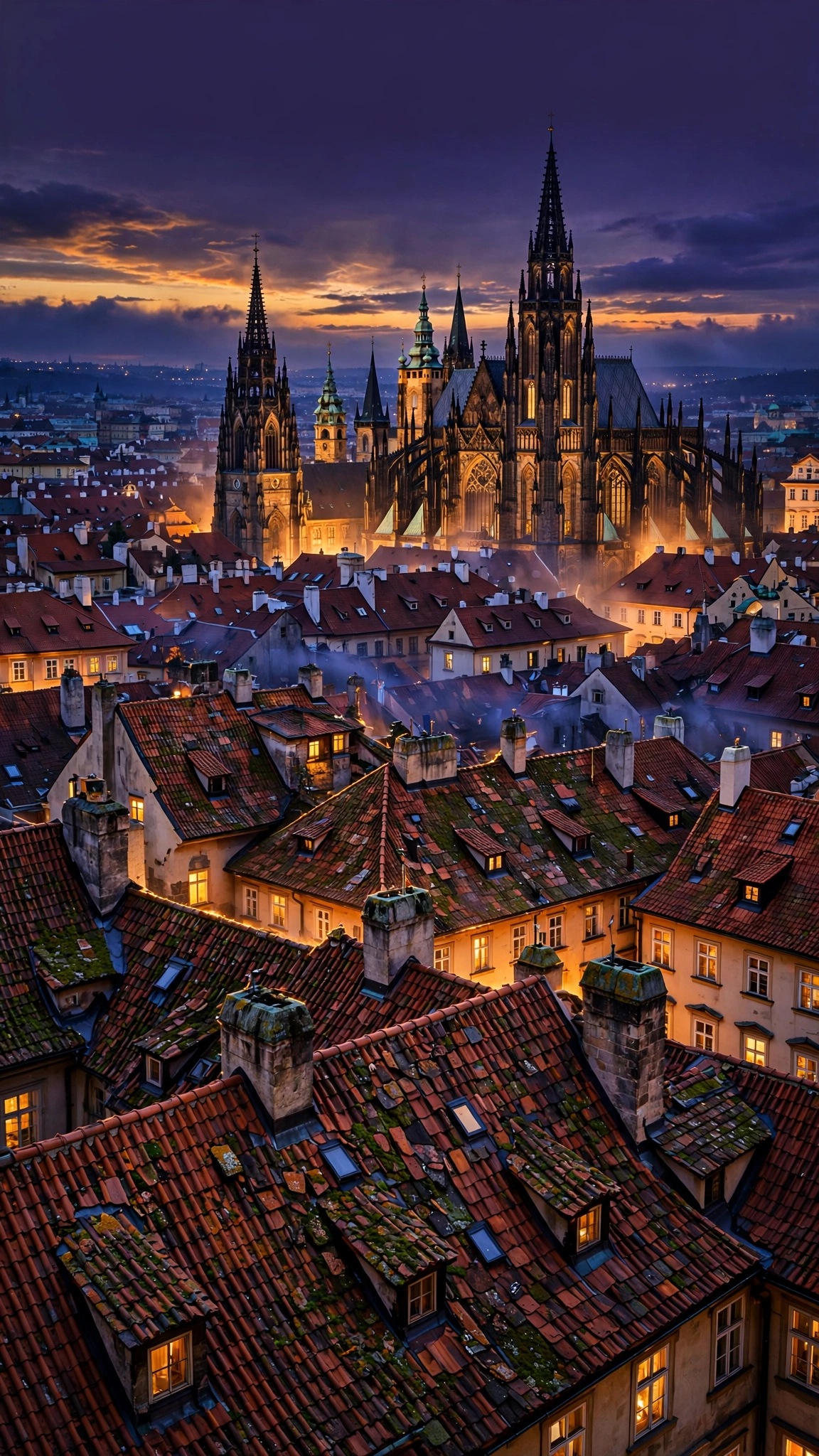 Prague terracotta rooftops with a glowing Gothic cathedral under a violet dusk sky