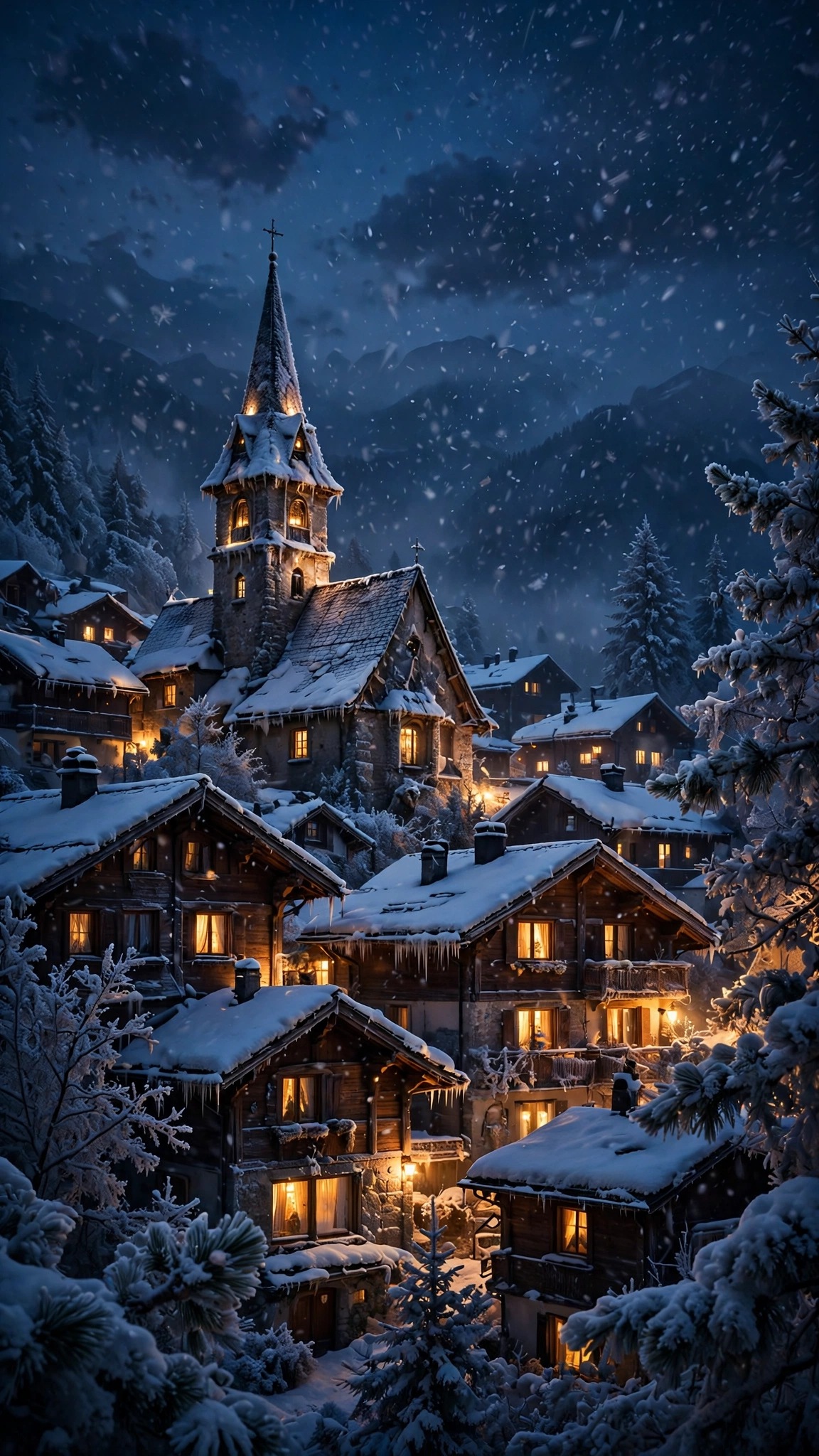 Snowy alpine village with church steeple and glowing chalets in falling snow at dusk