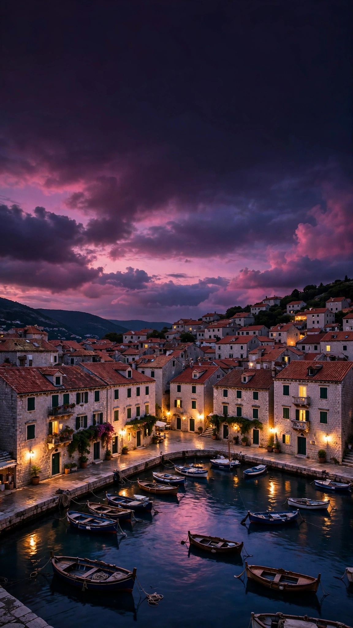 Croatian old town harbor with terracotta rooftops and boats at dusk wallpaper