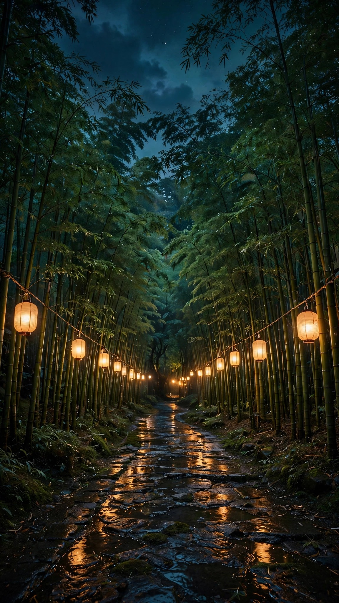 Kyoto bamboo grove alley with glowing paper lanterns at dusk wallpaper