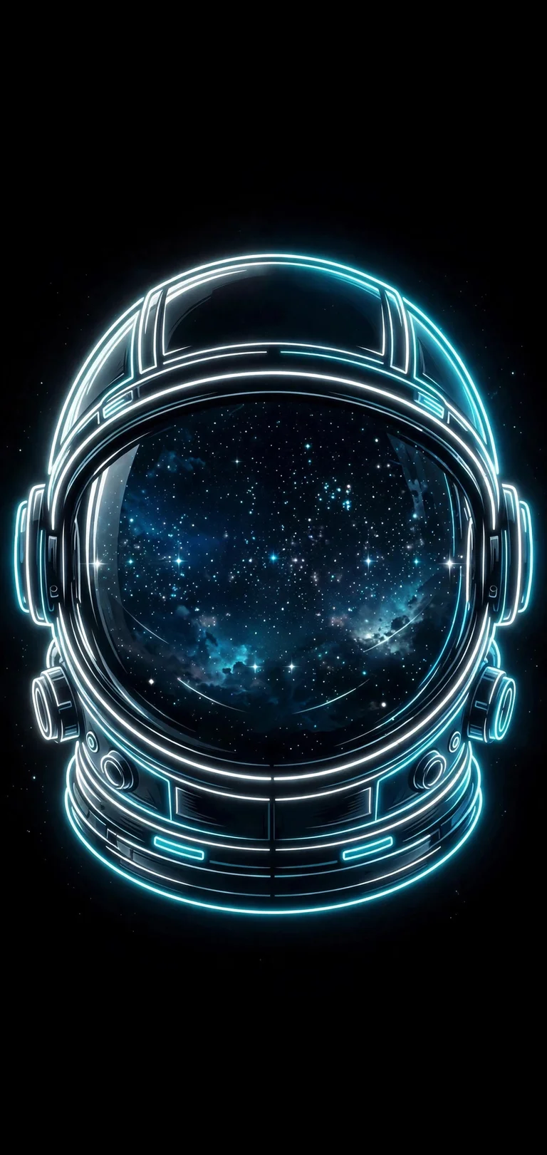 Astronaut helmet outlined in glowing white and cyan neon on a pure black AMOLED background