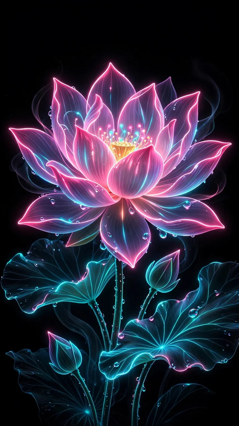 Blooming lotus flower in glowing pink and cyan neon on a pure black AMOLED background