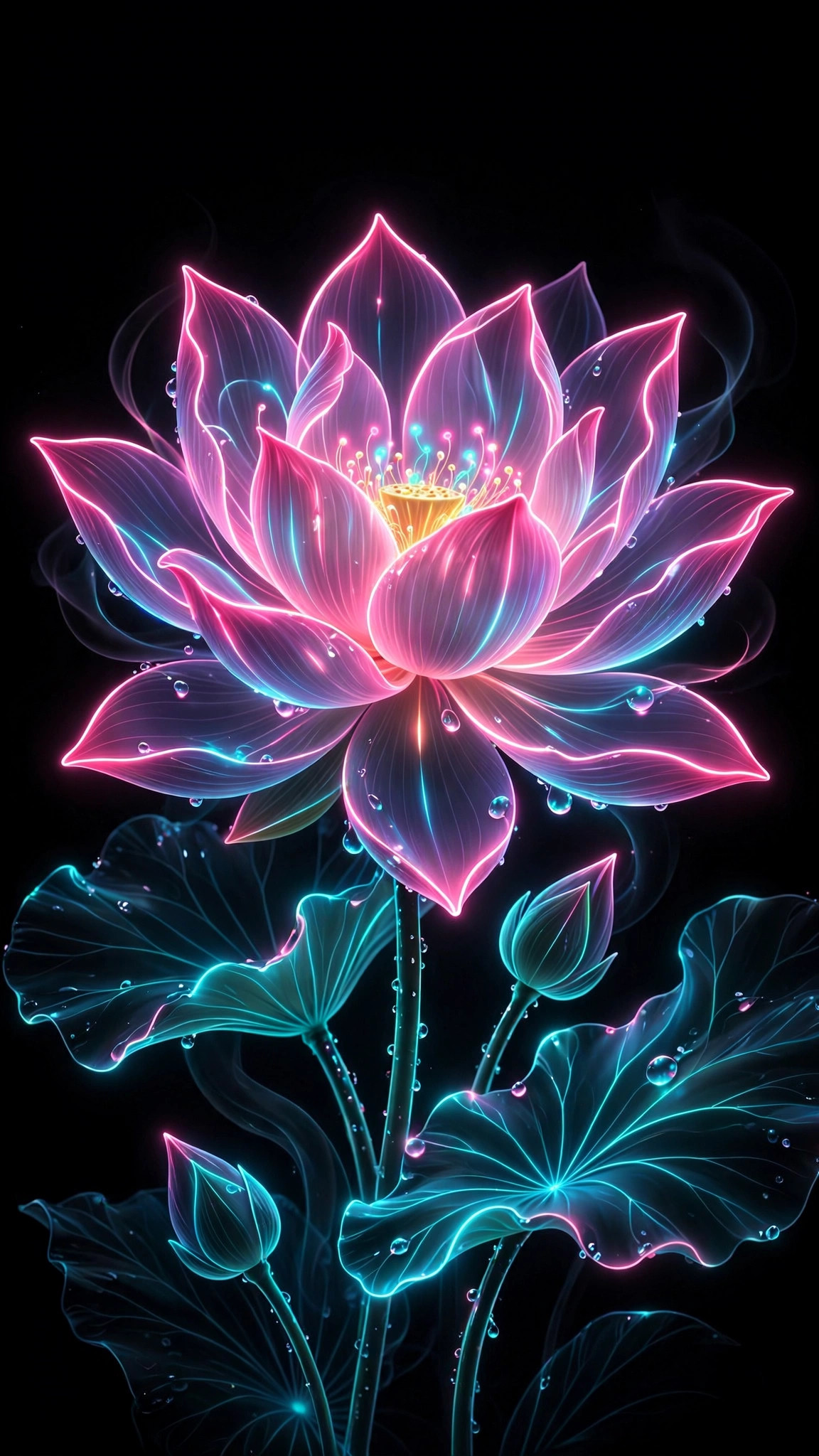 Blooming lotus flower in glowing pink and cyan neon on a pure black AMOLED background