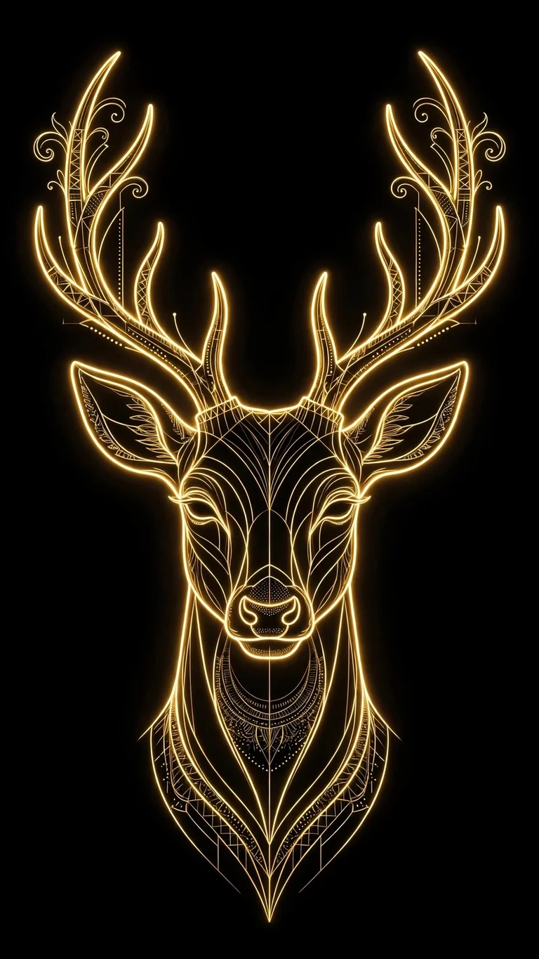 Elegant deer head drawn in glowing gold neon line art on a pure black AMOLED background