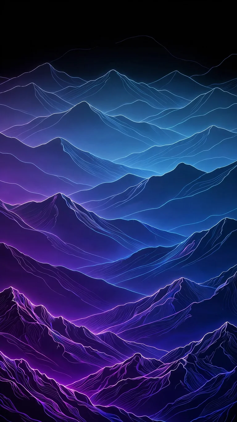 Layered mountain ranges drawn as glowing gradient neon outlines from purple to blue on a pure black AMOLED background