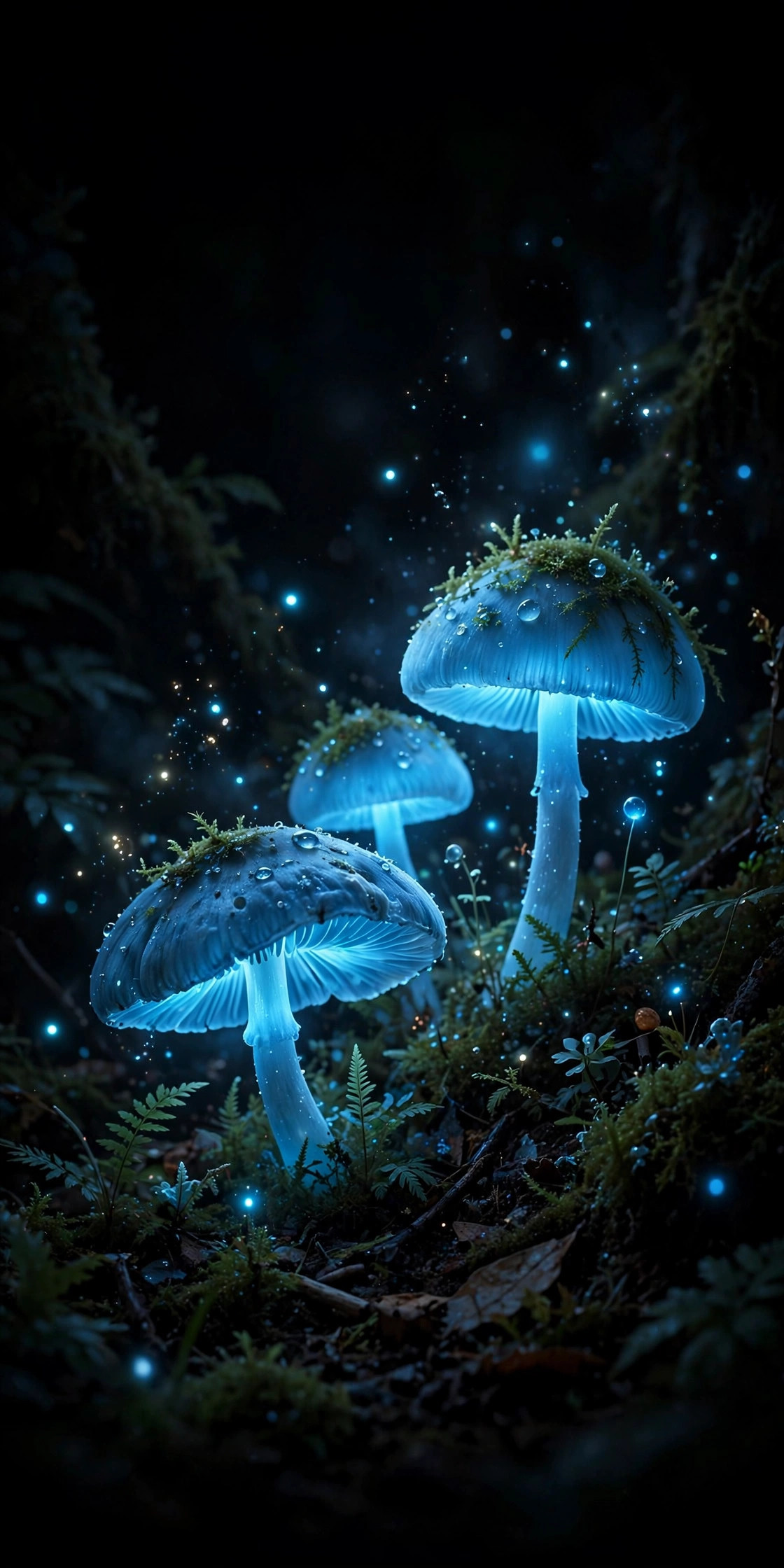 Luminous blue mushrooms glowing in a dark forest on a pure black AMOLED background