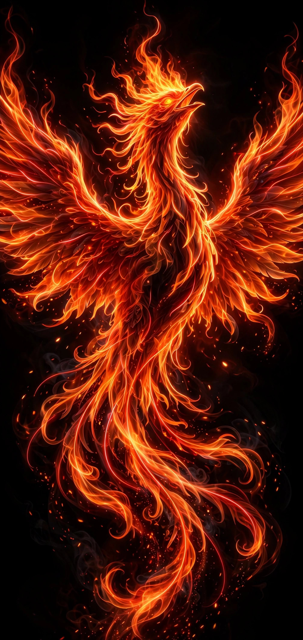 Majestic phoenix rising formed from orange and red neon flames on a pure black AMOLED background