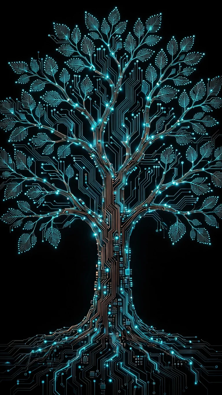 Tree made of glowing cyan circuit-board traces and nodes on a pure black AMOLED background