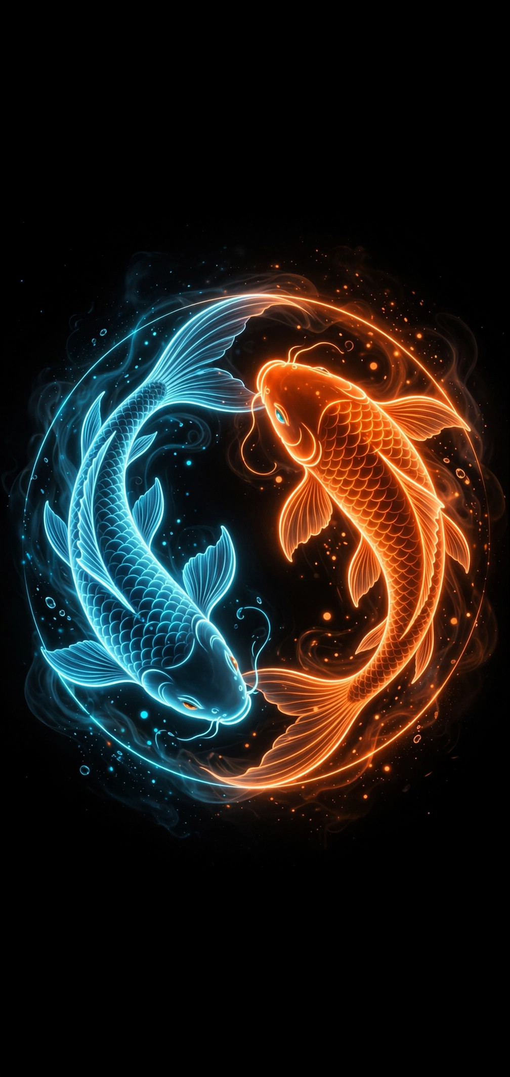 Two neon koi fish circling each other in a yin-yang formation