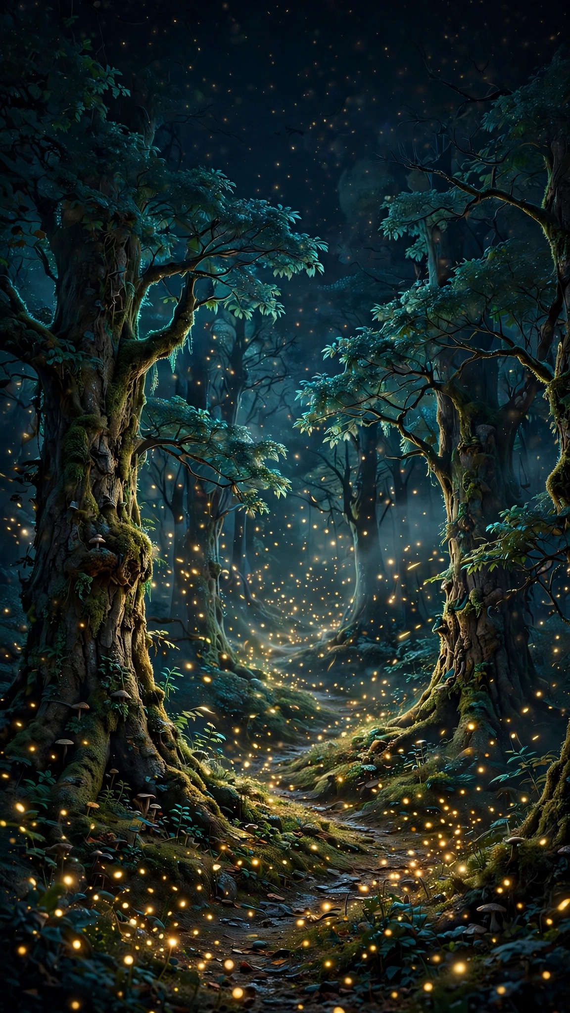 thousands of fireflies glowing over a night forest path