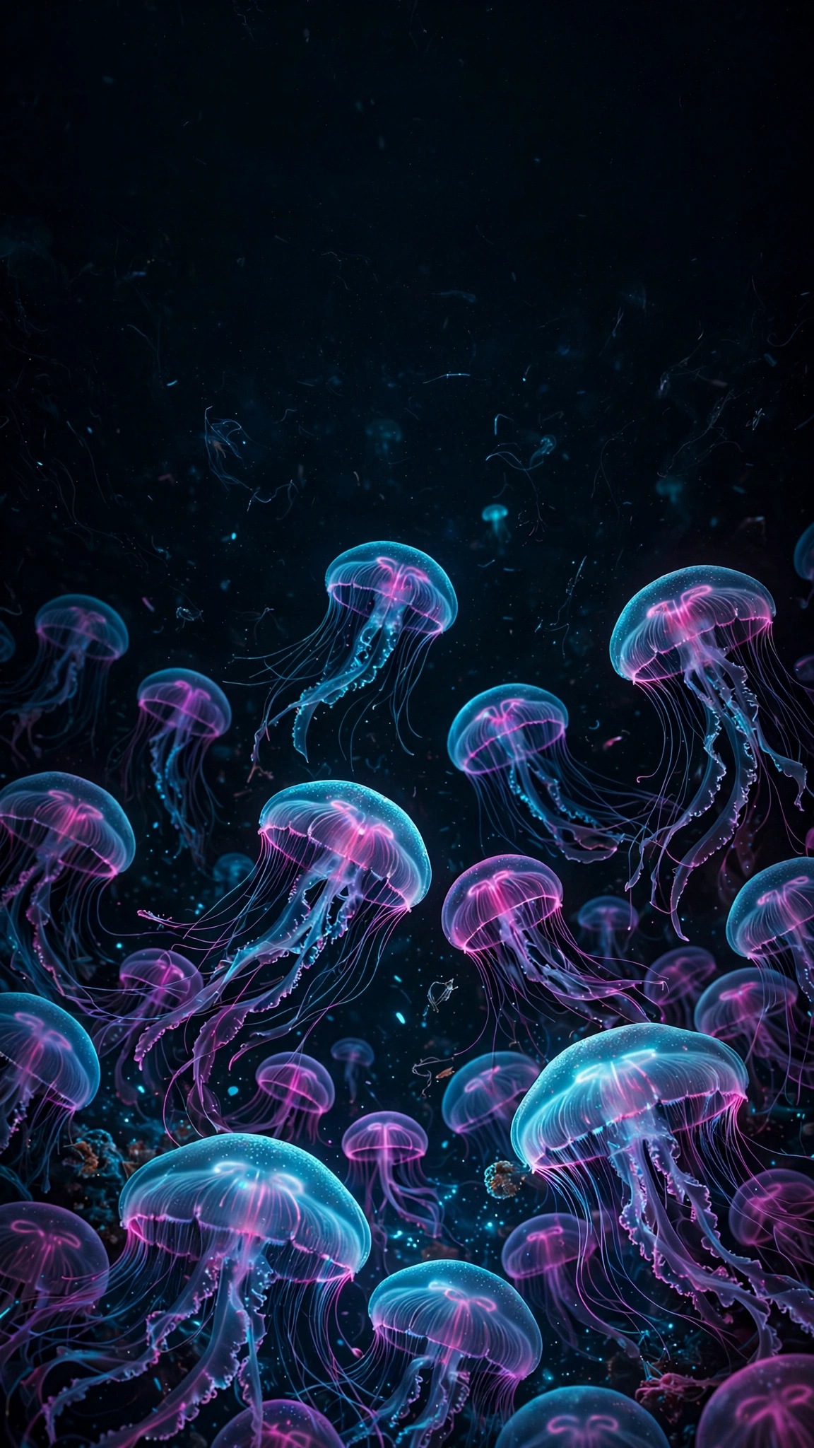 glowing jellyfish drifting in the deep black ocean