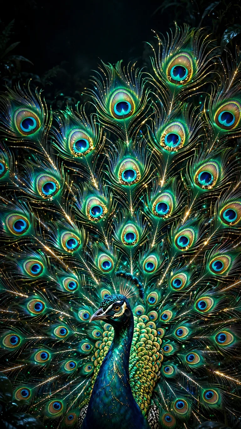 peacock fanning glowing iridescent tail feathers on black