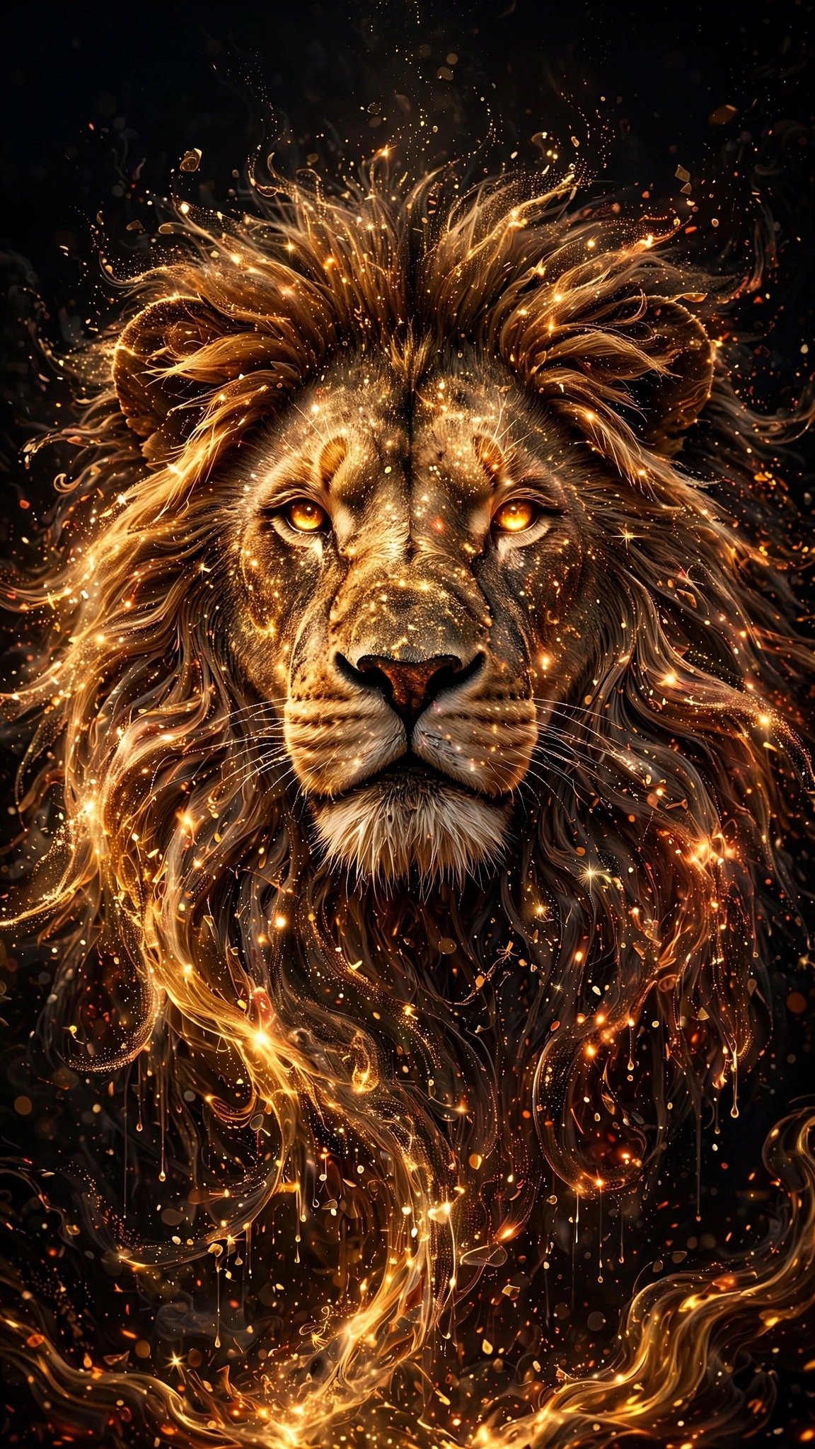 lion portrait formed from thousands of golden light particles