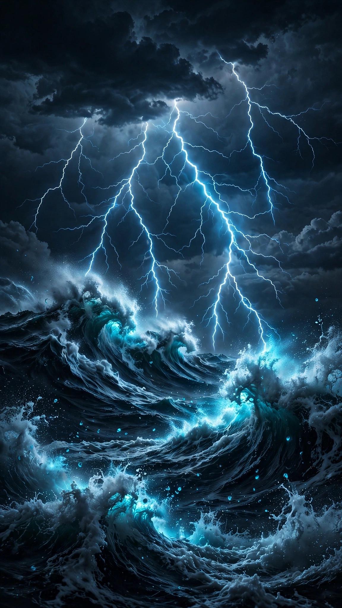 electric lightning bolts striking dark ocean waves at night