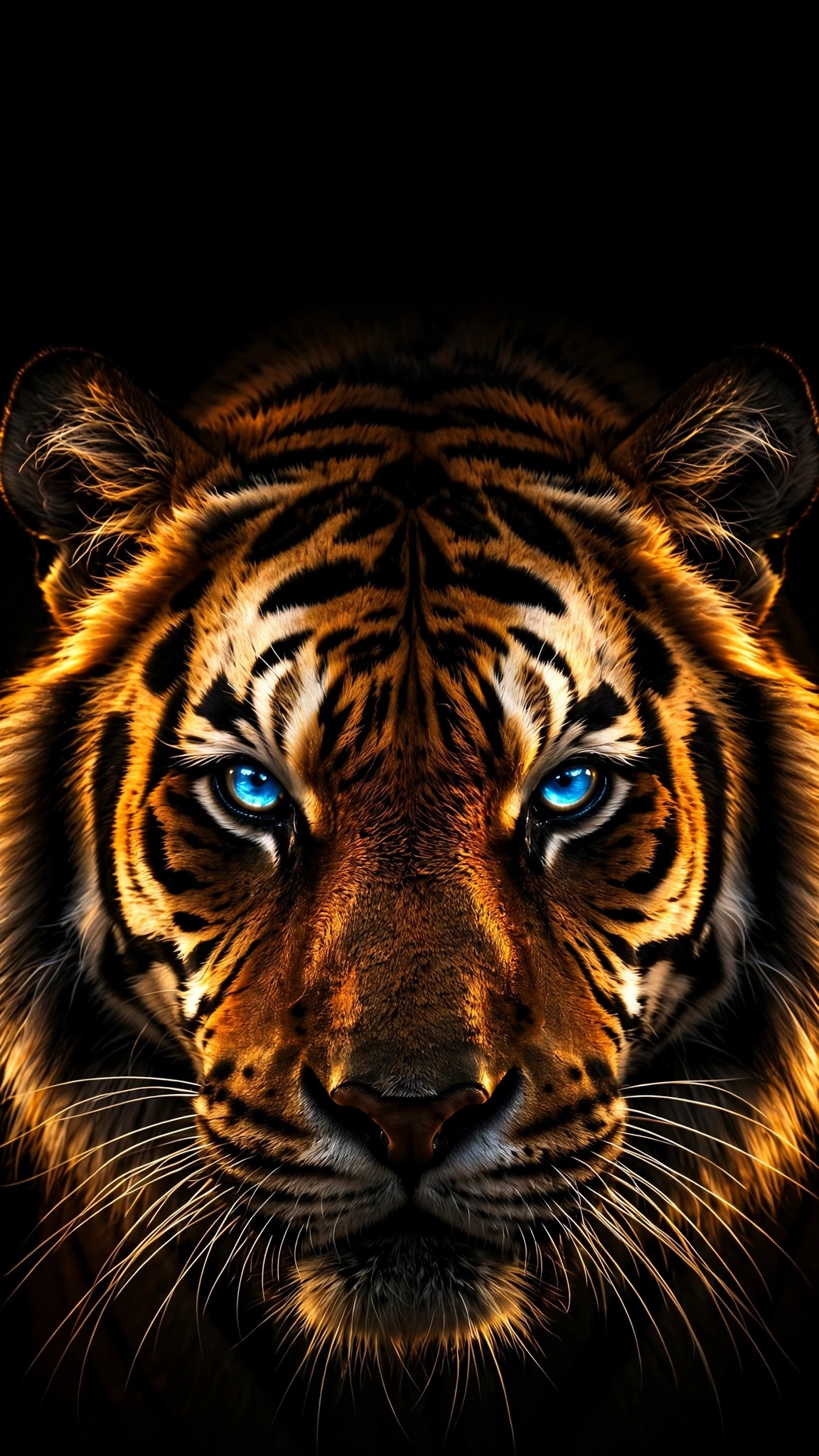 tiger face with glowing blue eyes emerging from darkness