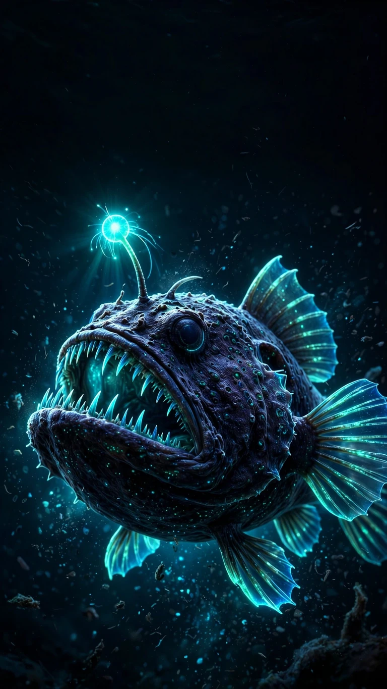 glowing anglerfish in deep dark water wallpaper