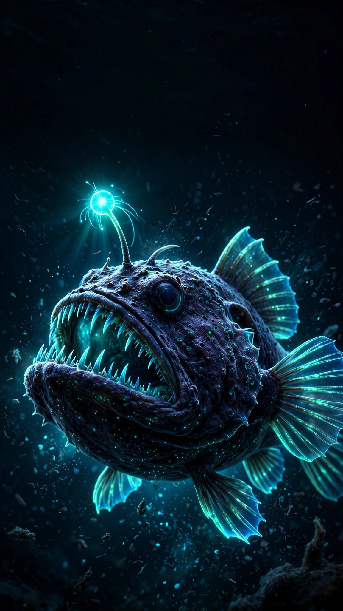 glowing anglerfish in deep dark water wallpaper