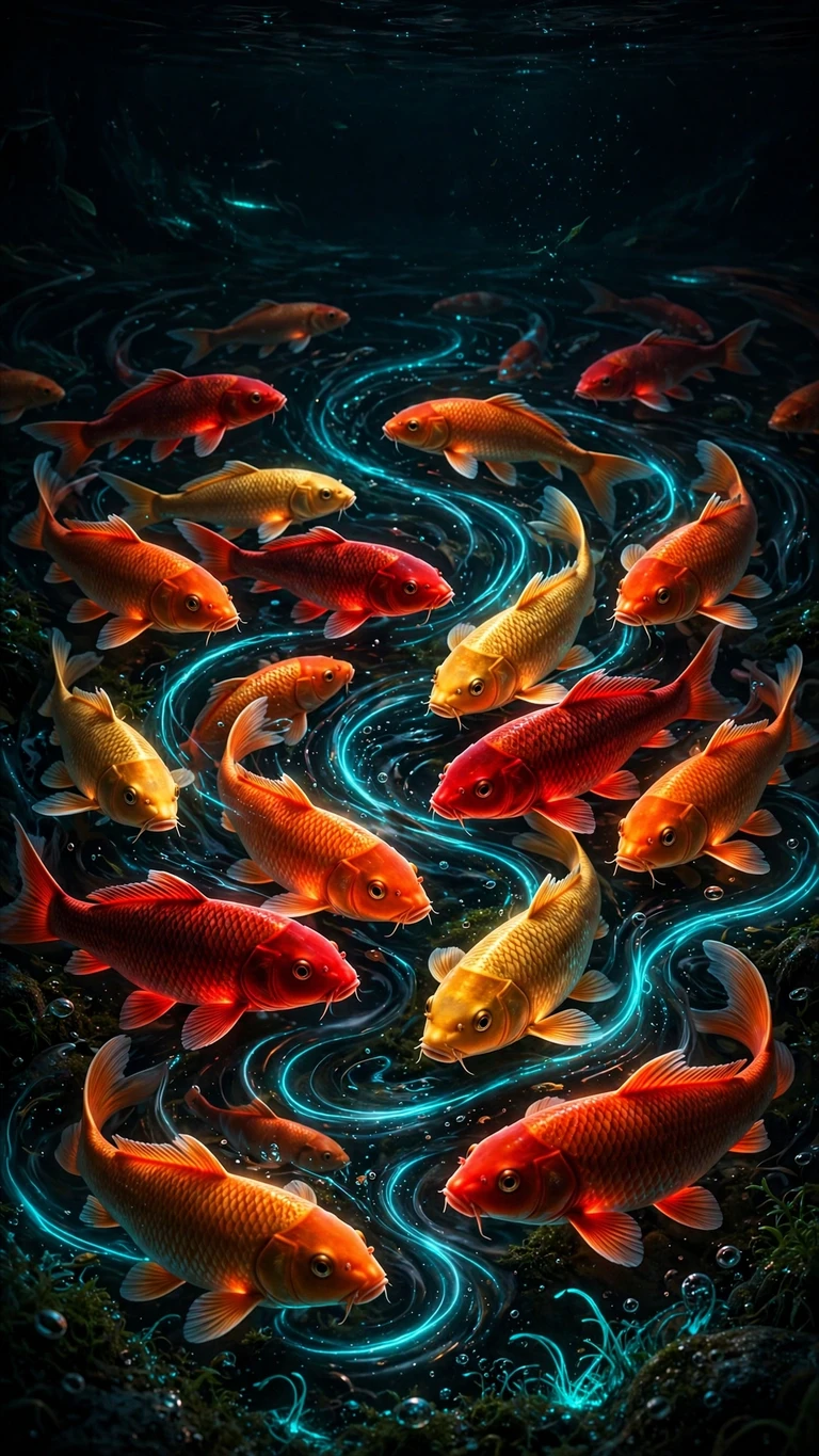 glowing cyber koi fish in a dark pond wallpaper