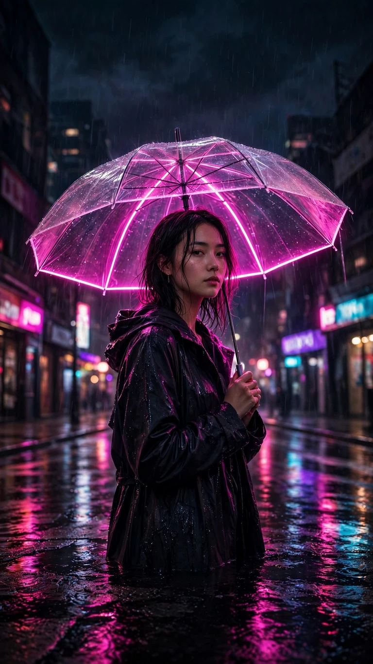 neon umbrella on a rainy night street wallpaper