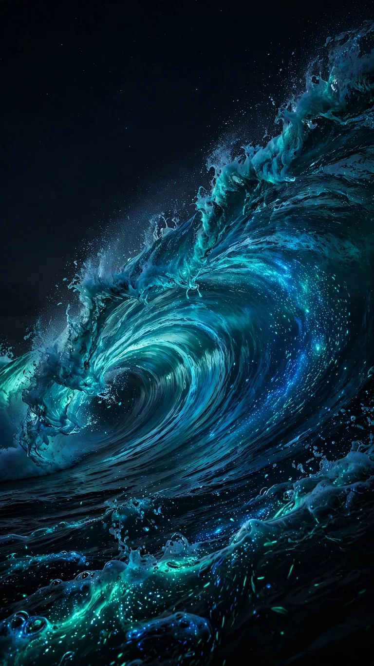 bioluminescent ocean wave crashing at night wallpaper