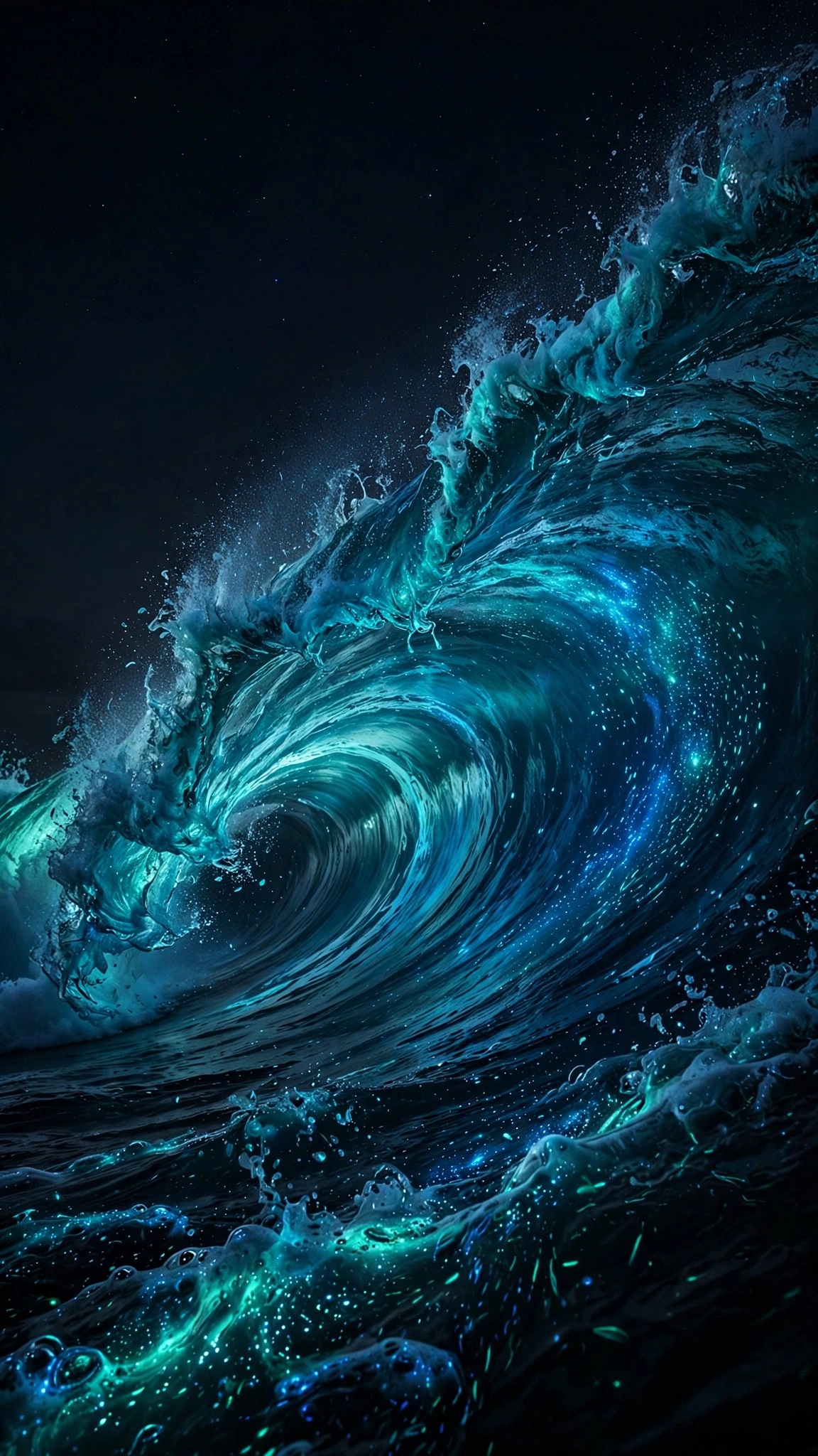 bioluminescent ocean wave crashing at night wallpaper