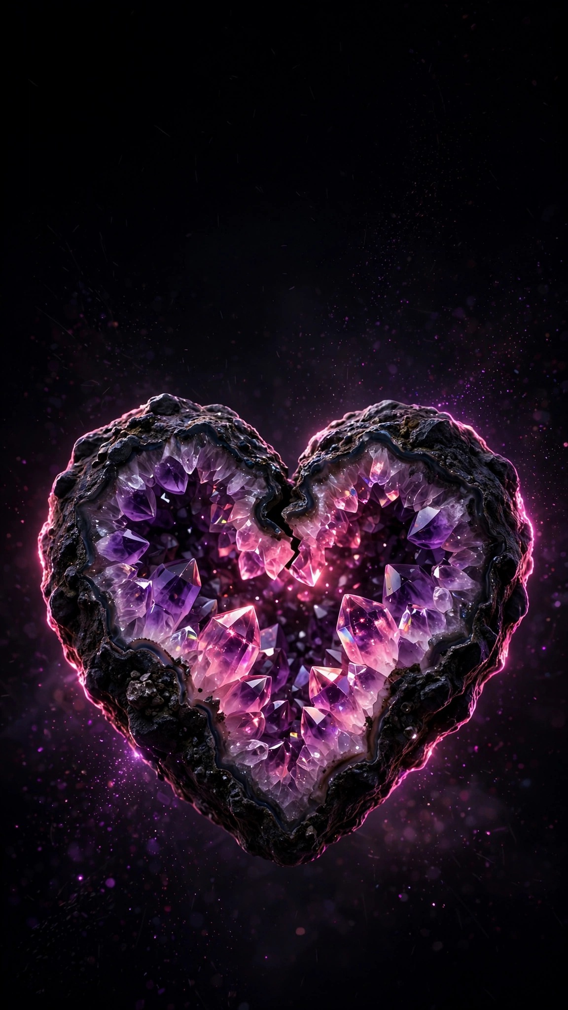 heart-shaped amethyst geode glowing in darkness wallpaper