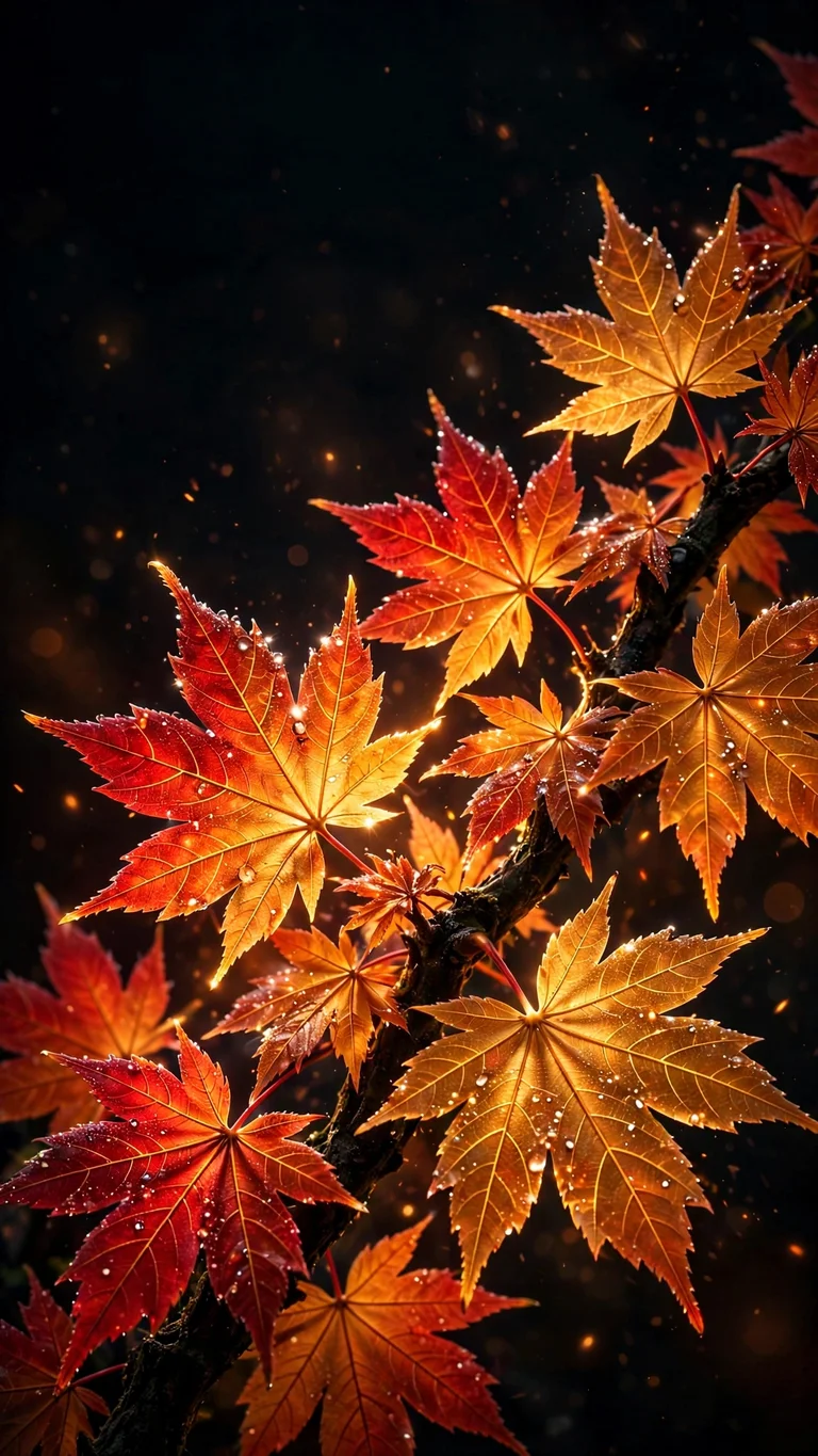 glowing autumn maple leaves at night wallpaper