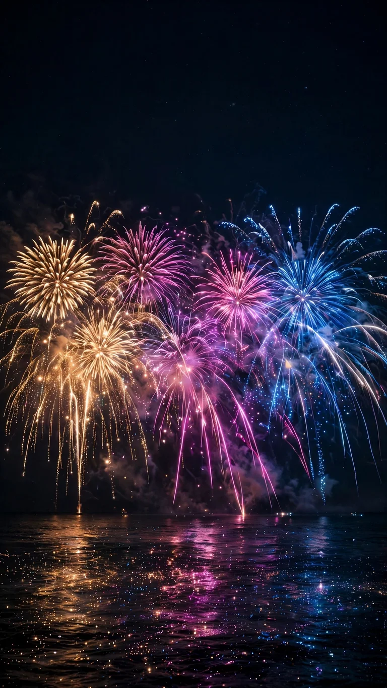 fireworks exploding over the ocean at midnight wallpaper