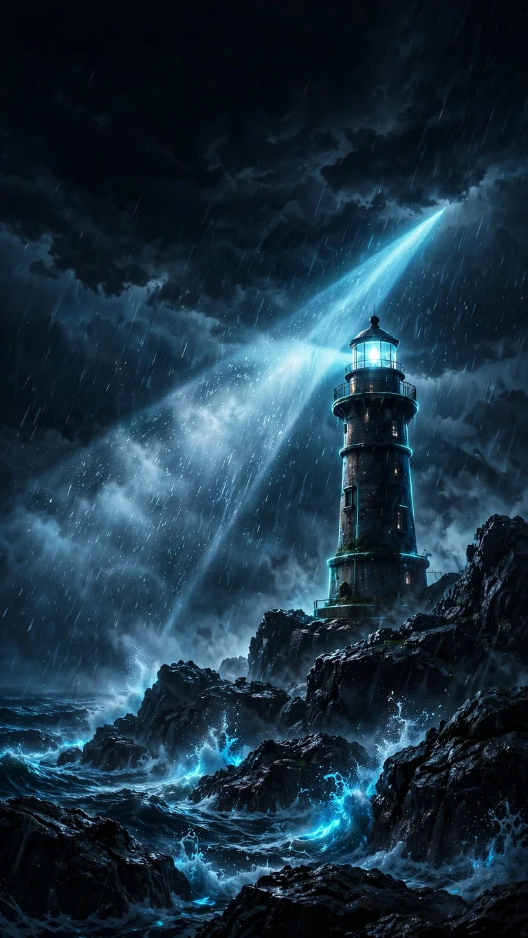lighthouse in a night storm with glowing beam wallpaper
