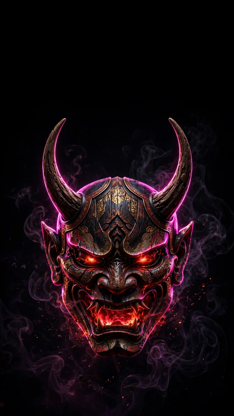 neon oni demon mask glowing in darkness wallpaper