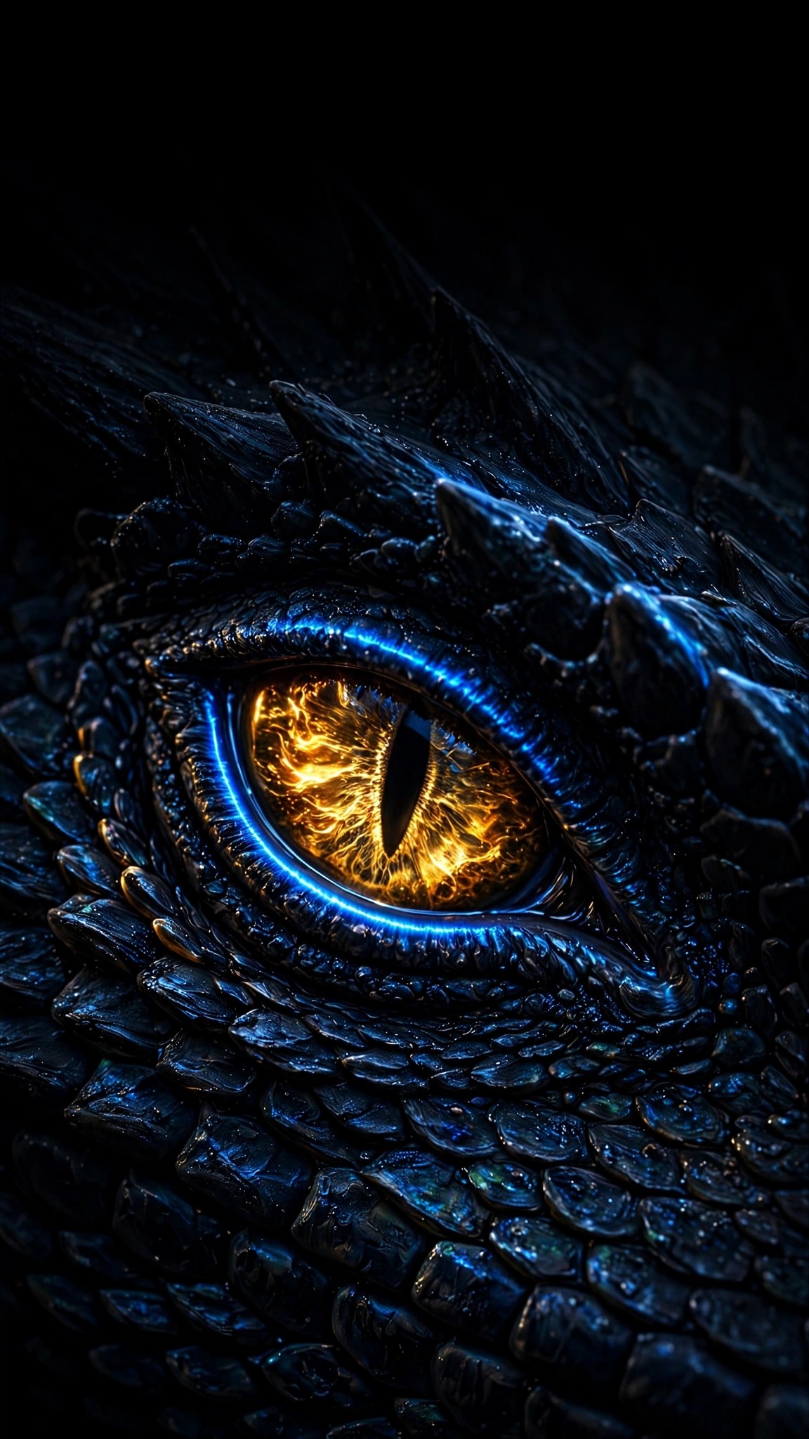 Dragon eye with molten gold iris and blue rim on dark scales