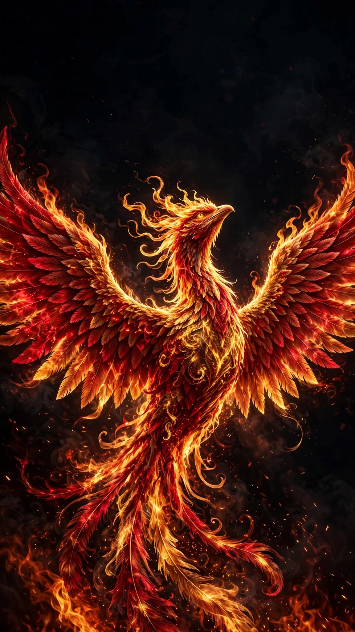 Fiery phoenix with crimson and gold wings on black night sky